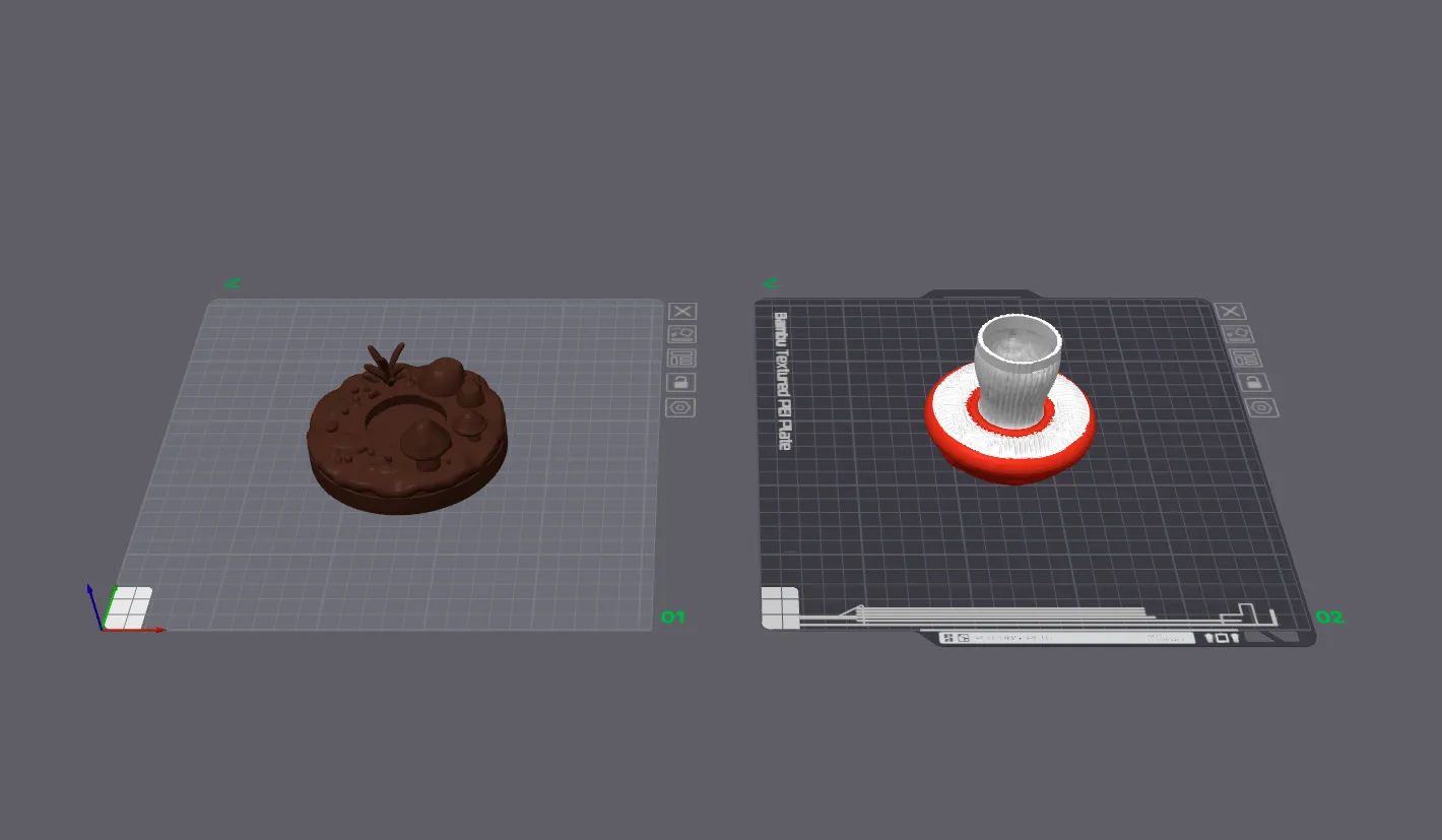 The split STL file arranged in BambuStudio for slicing